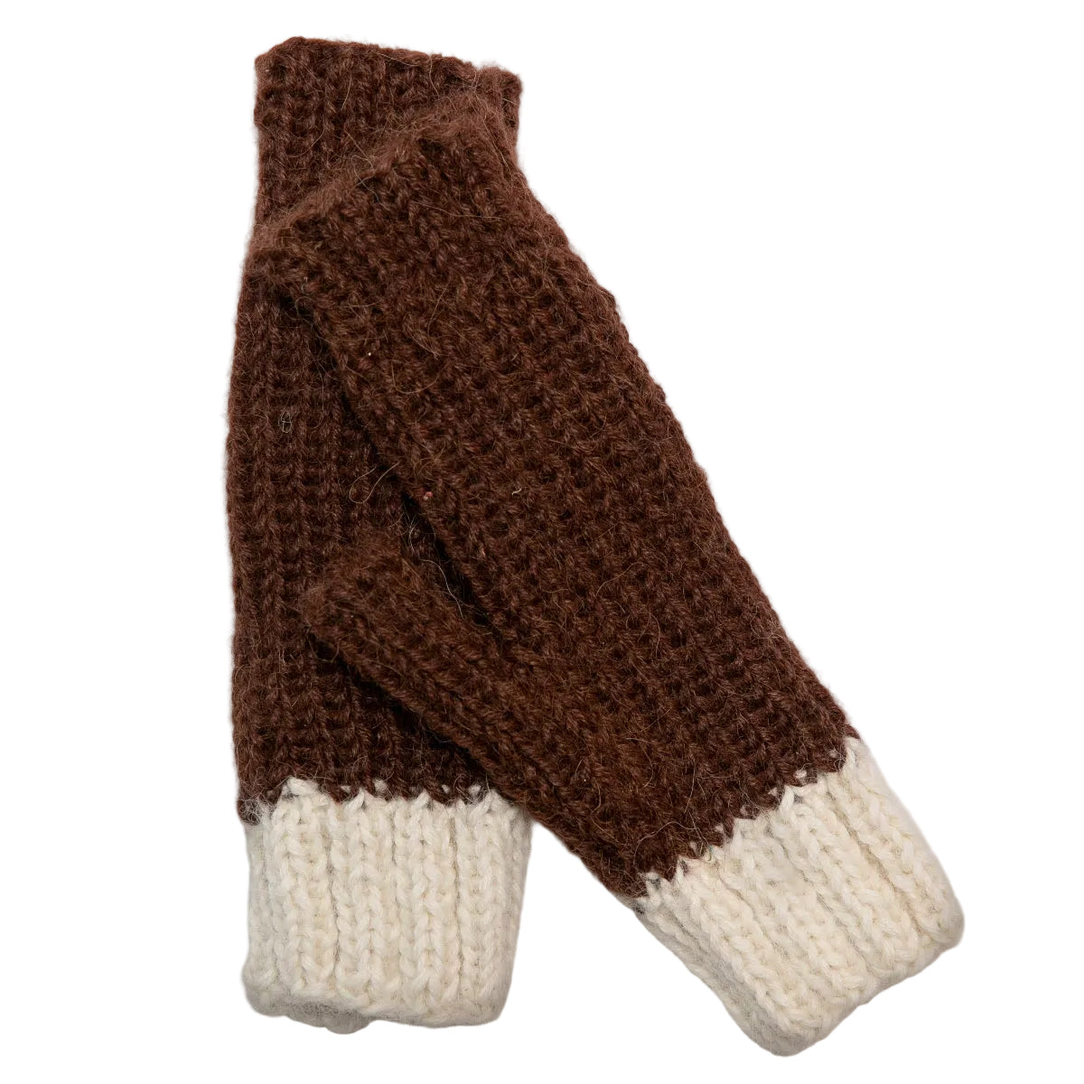 A pair of hand-knit fingerless gloves in brown and cream,