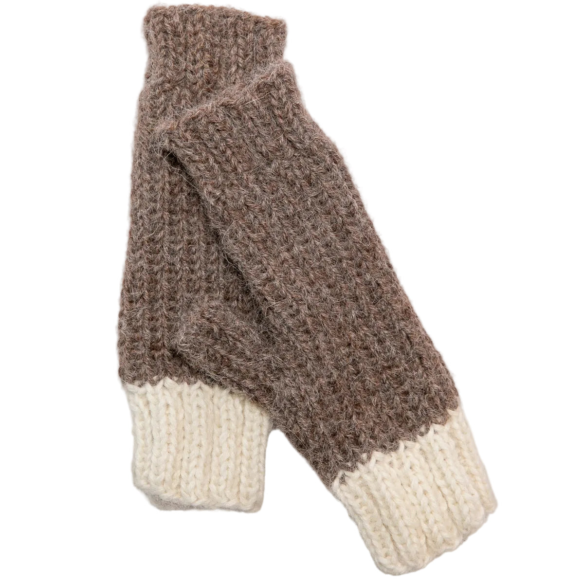A pair of hand-knit fingerless gloves in a brown and cream color combination