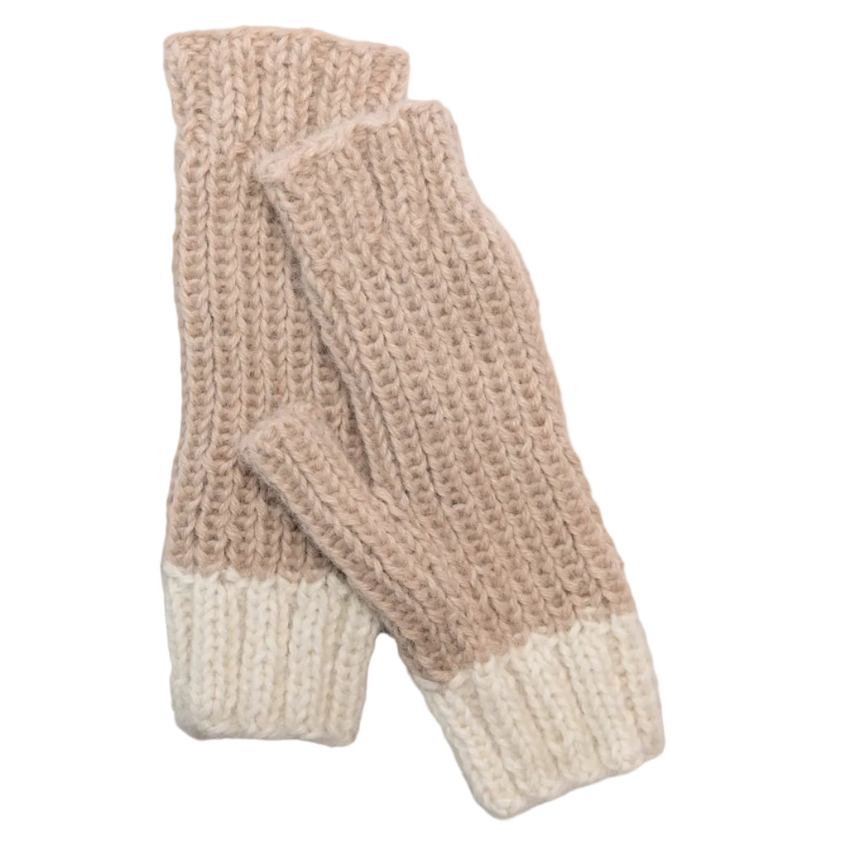 A pair of chunky knit fingerless gloves in a two-tone color scheme of light beige and cream,