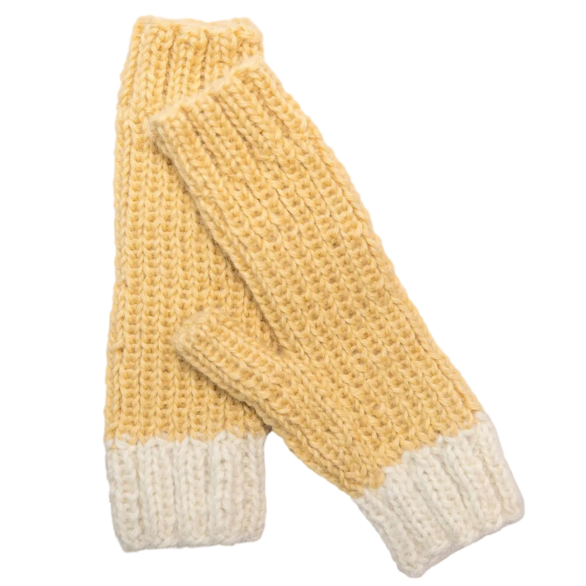 A pair of hand-knit fingerless gloves in a pale yellow color with ribbed cream cuffs,