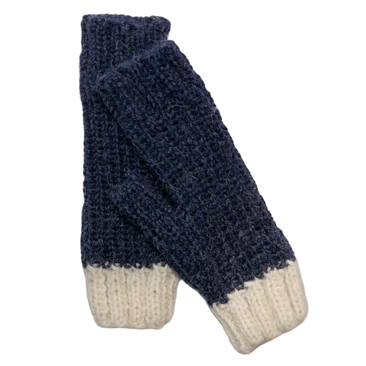 A pair of hand-knit woolen mittens in navy blue with cream-colored ribbed cuffs,