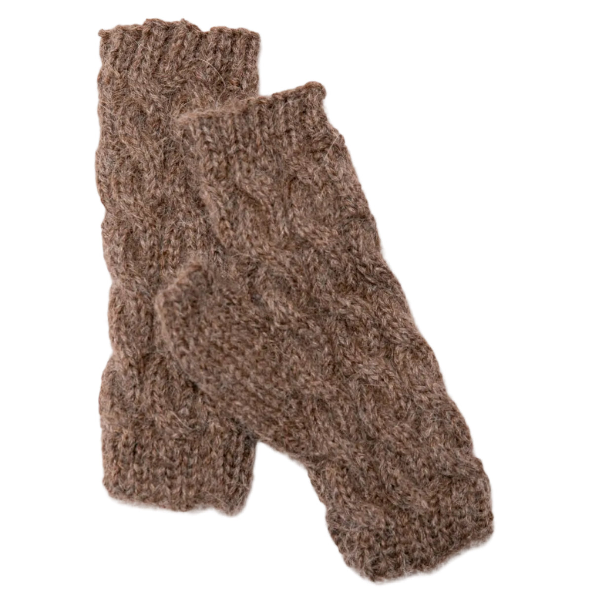 A pair of brown cable-knit fingerless mittens with ribbed cuffs.
