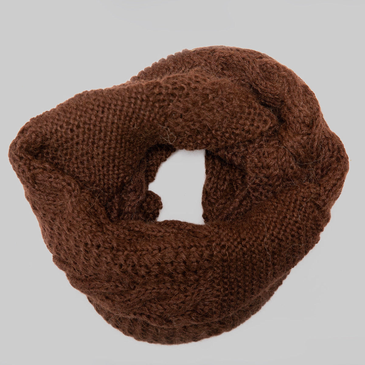 A brown chunky-knit infinity scarf,