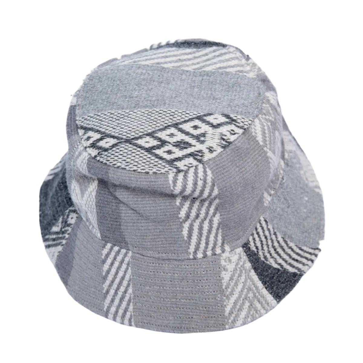 A gray and white patterned bucket hat made from woven fabric panels.