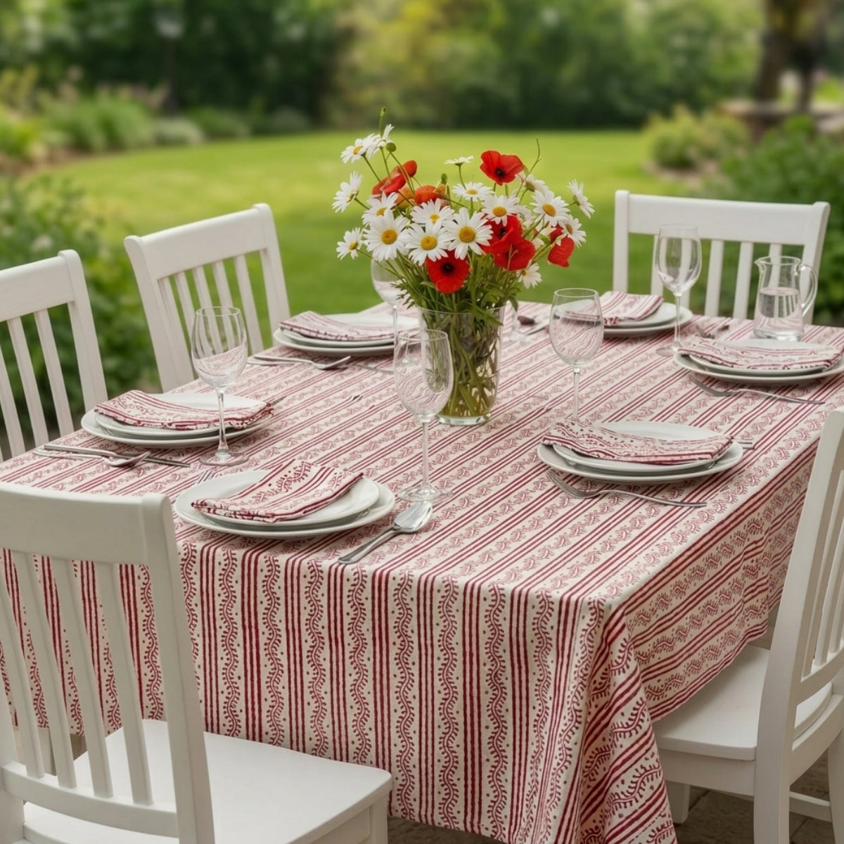 Tilonia® Table Linen & Napkin Set for 6 - Centipede Stripe in Cranberry Red
