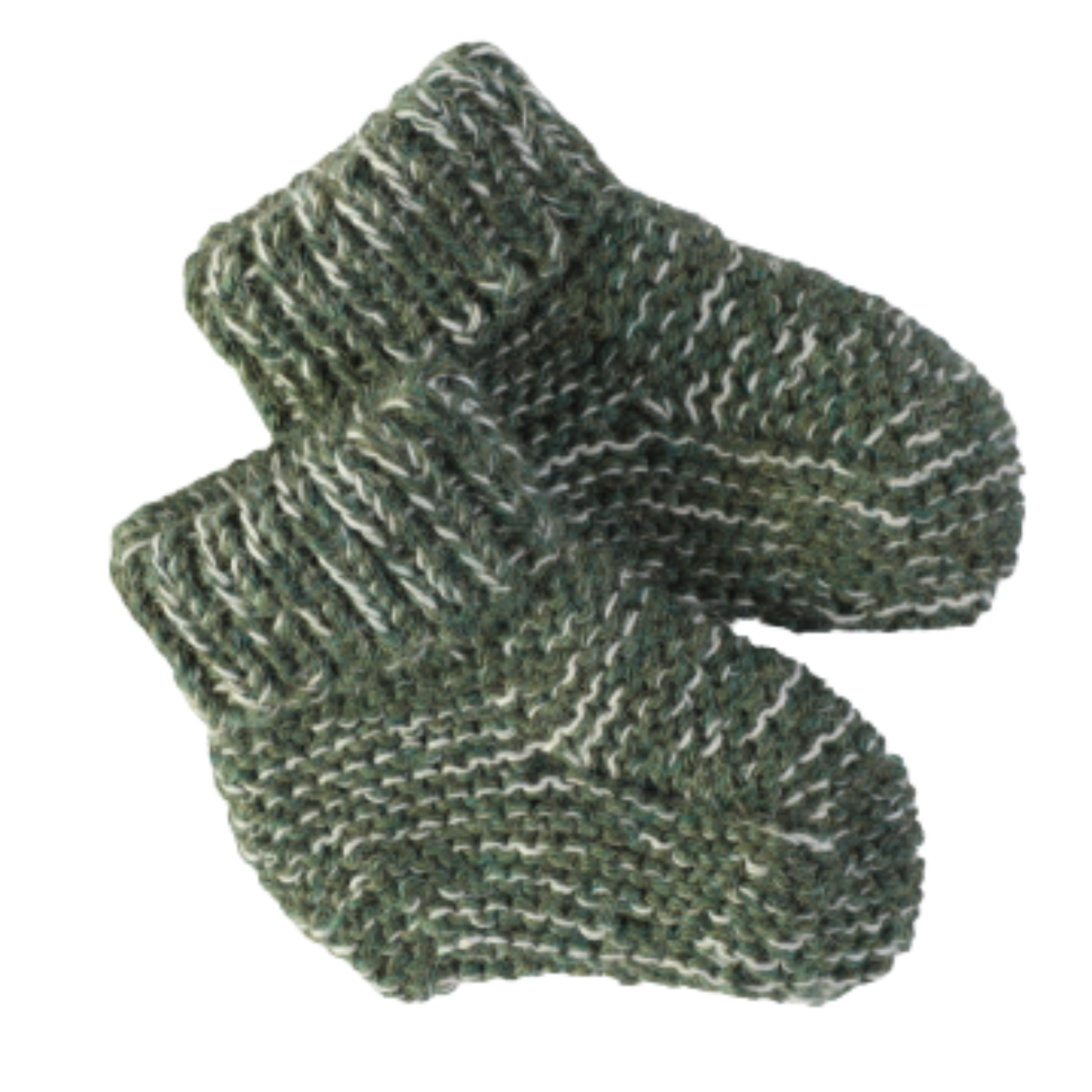 A pair of handmade knit baby booties in a textured green and white variegated pattern