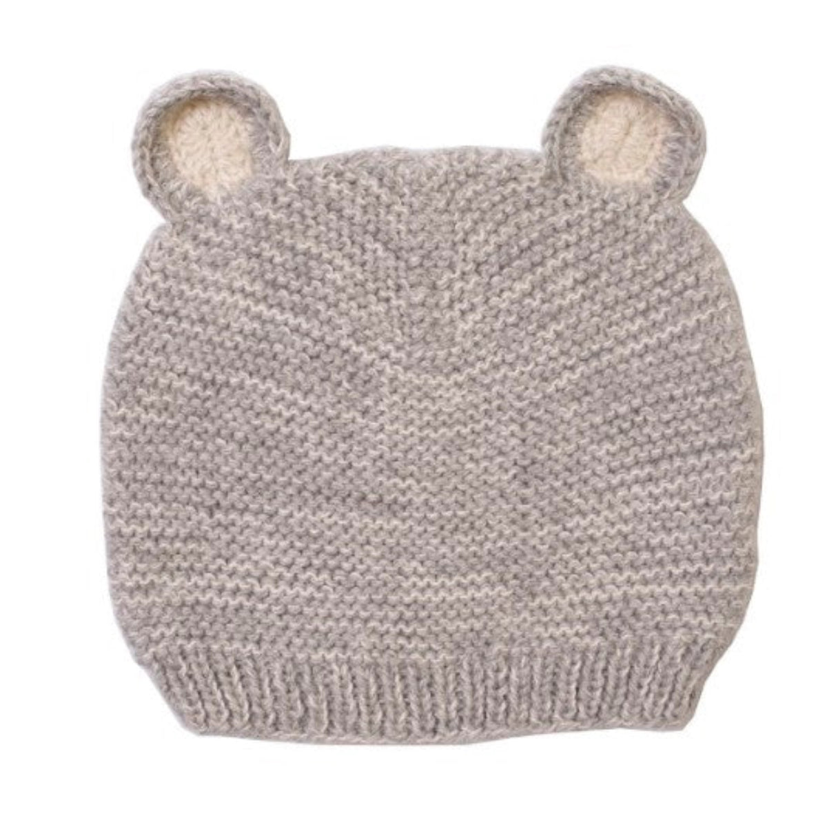A light gray knitted baby beanie hat with two small bear ears on top.