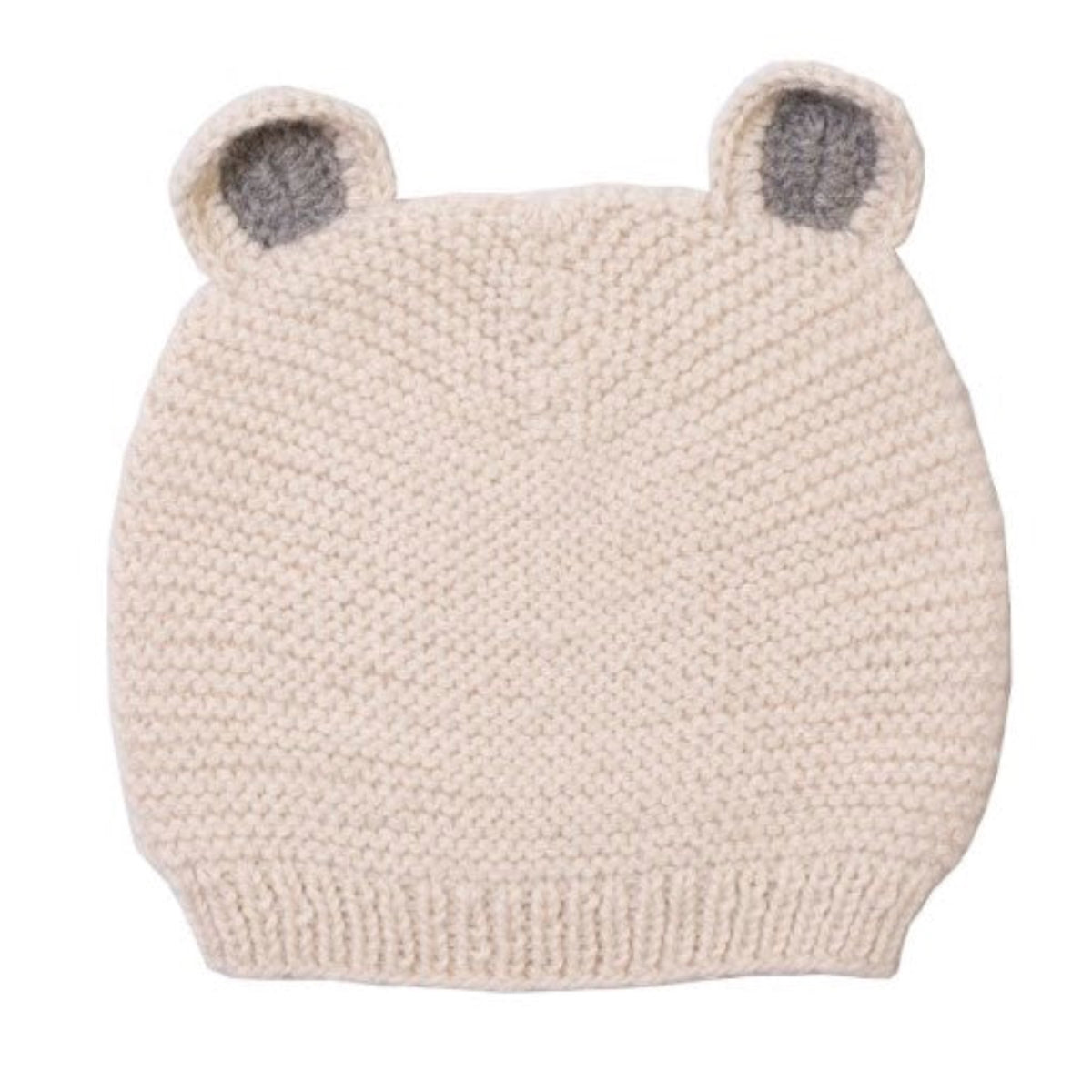 A cream-colored knit baby hat with two small bear ears on top, featuring gray inner ear details.
