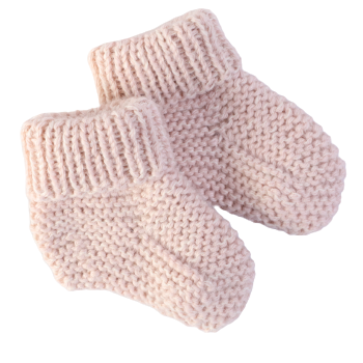 A pair of light pink hand-knit baby booties with ribbed cuffs.