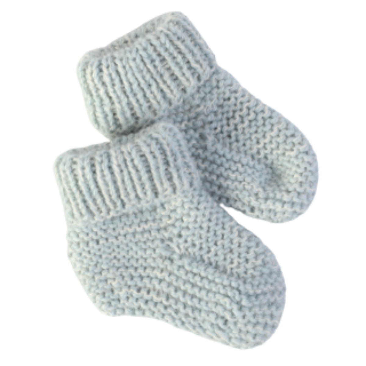 A pair of light gray hand-knit baby booties with ribbed cuffs.