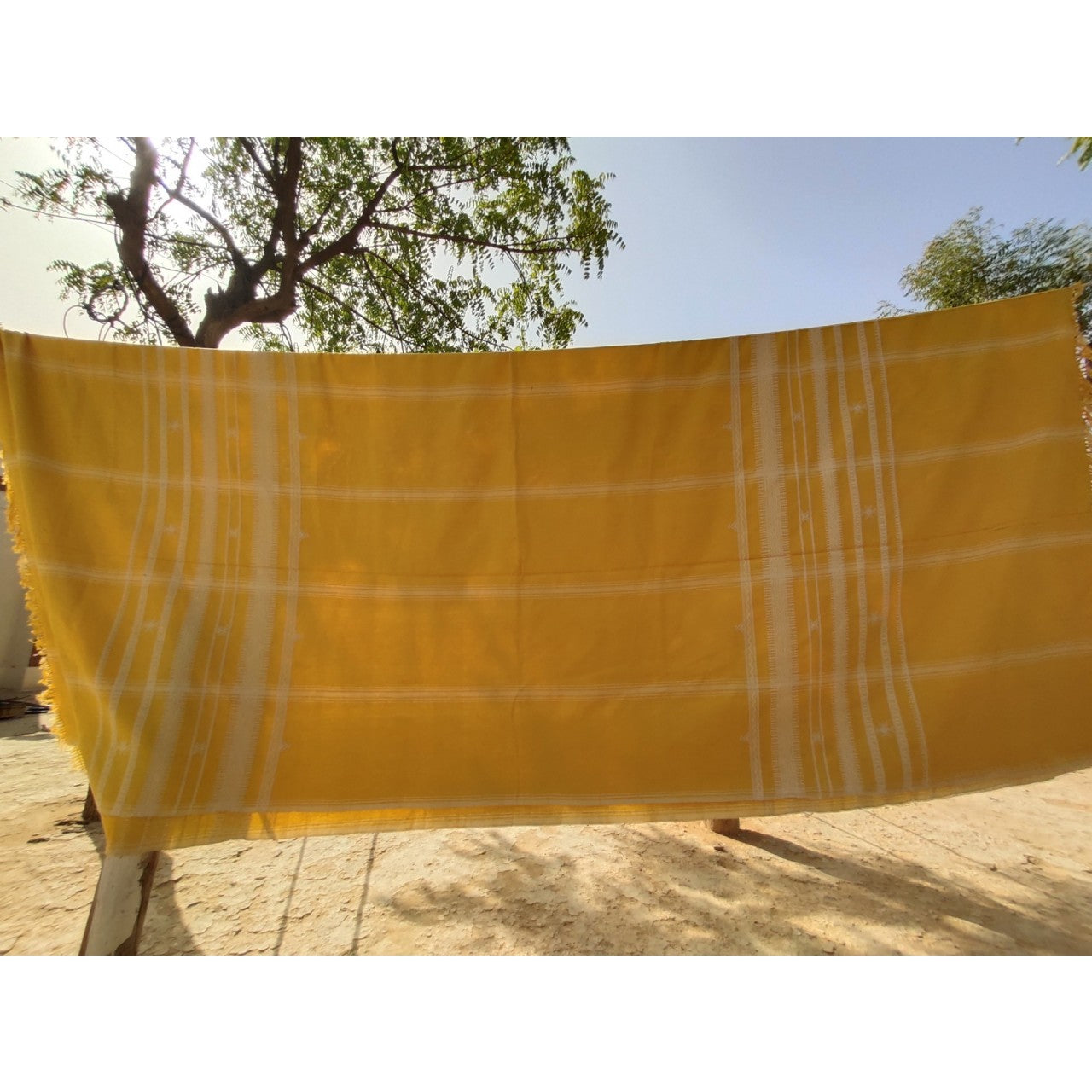 Handwoven Kutchi Bedspread in Yellow with Extra Weft Motif