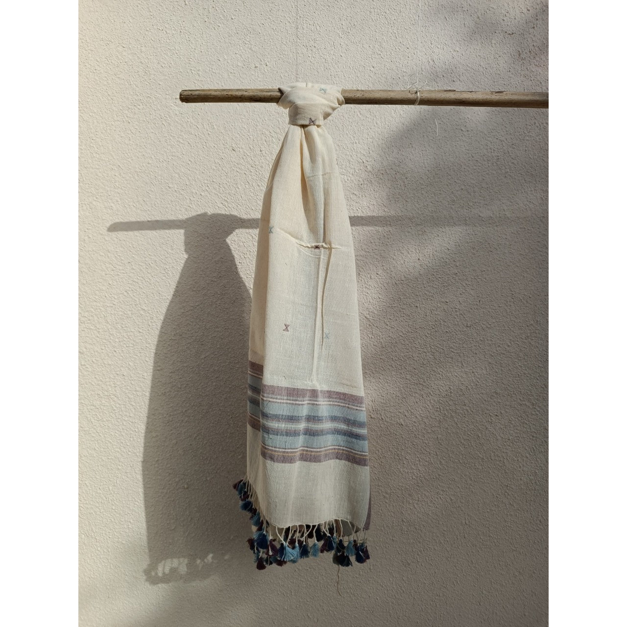 Handwoven Kutchy Shawl in Blue & Red with Extra Weft Motif & Pompoms