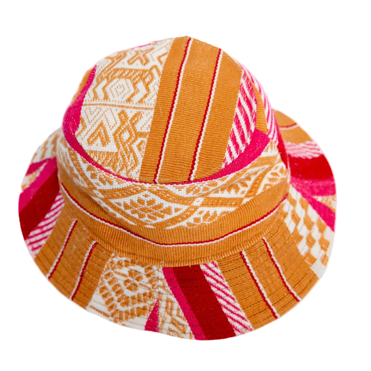 A woven bucket hat featuring a vibrant orange, pink, and cream geometric pattern