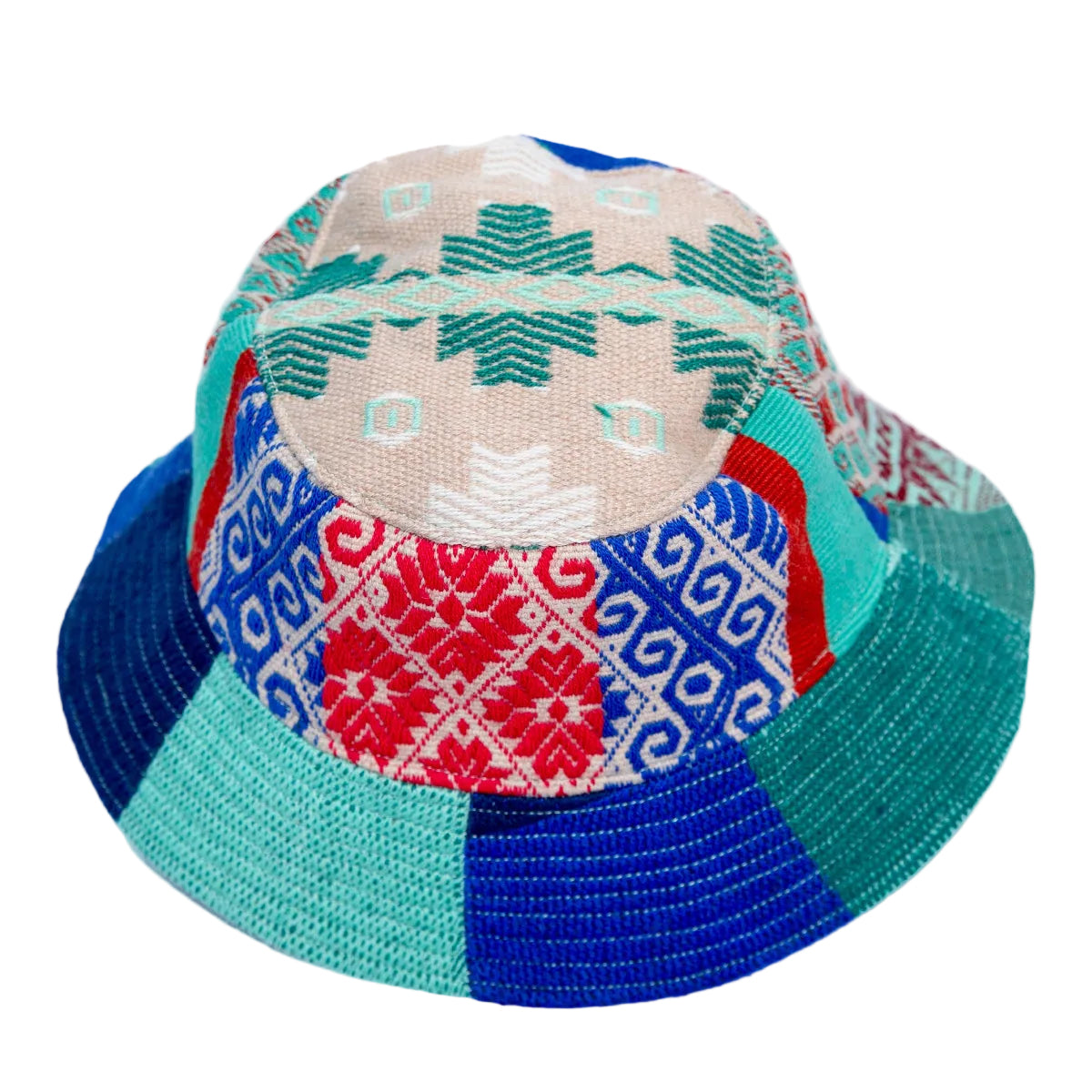 A multicolor patchwork bucket hat made from various patterned fabrics, including red, blue, green, and beige.