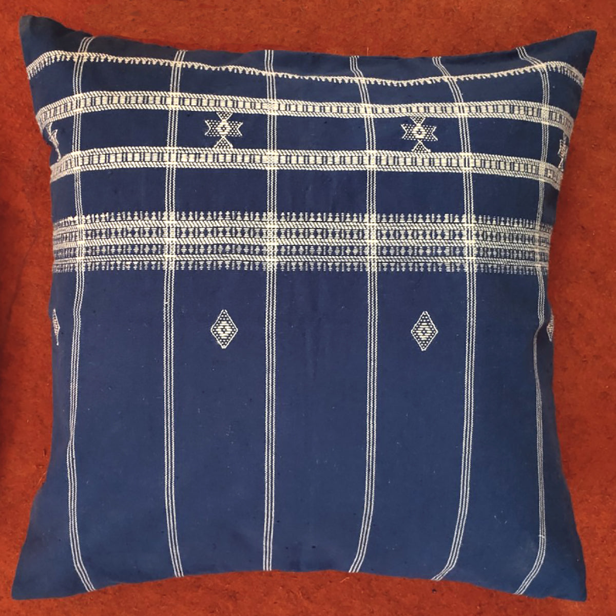 Handwoven Kutchi Decorative Pillow Cover in Blue with Extra Weft Motif