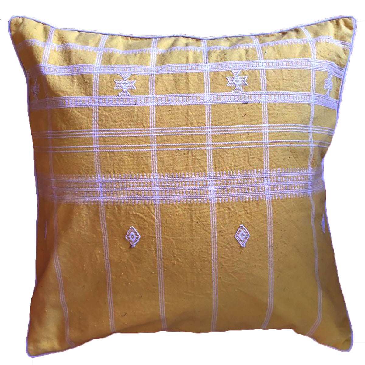 Handwoven Kutchi Decorative Pillow Cover in Yellow with Extra Weft Motif