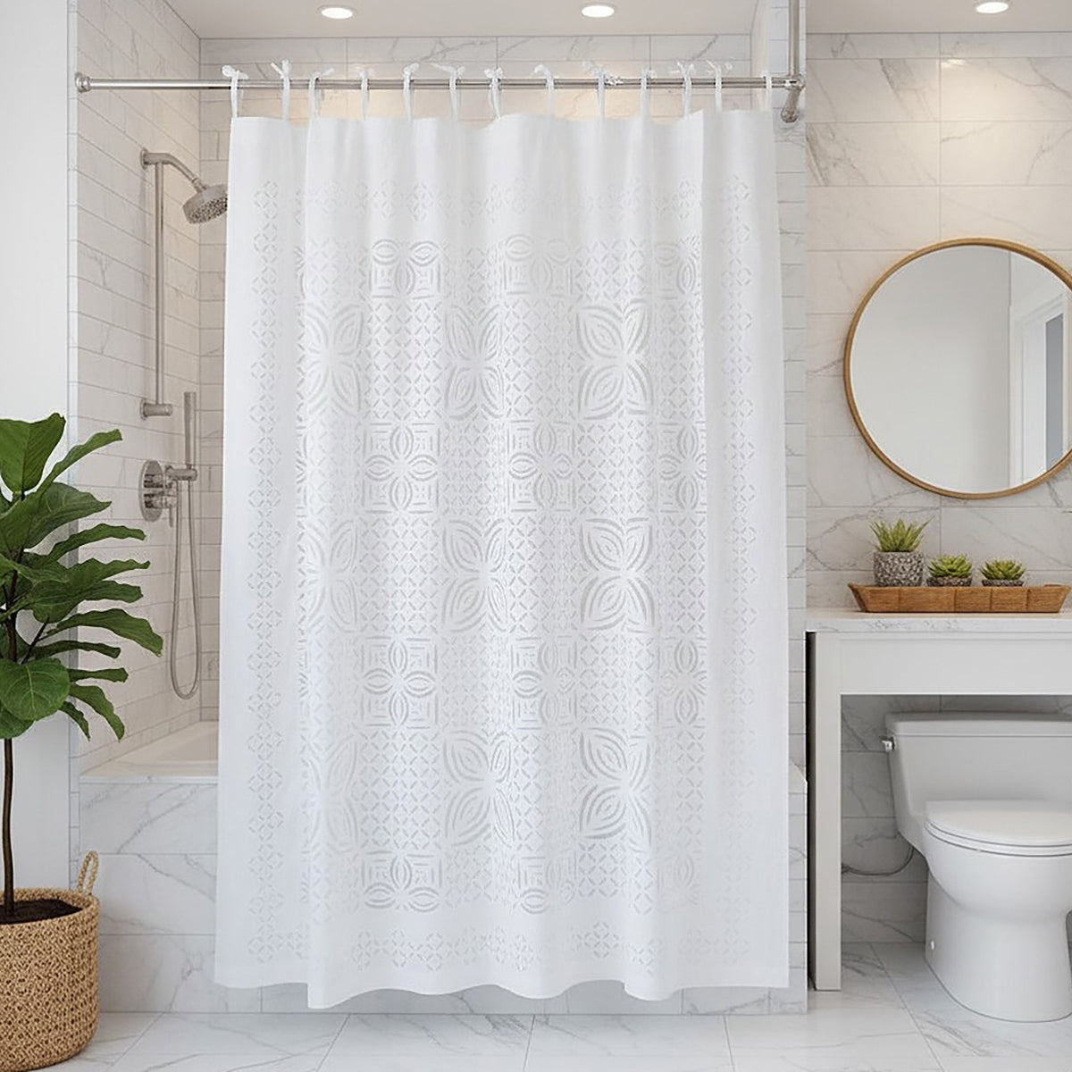Barmer Appliqué Shower Curtain - White on White