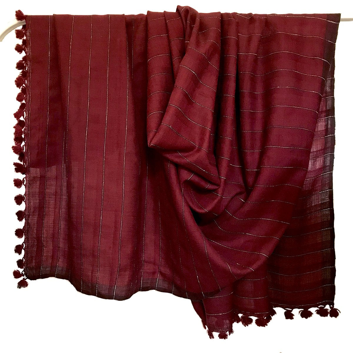 Avani Merino Wool Large Shawl in Maroon with Black &amp; White Pinstripes