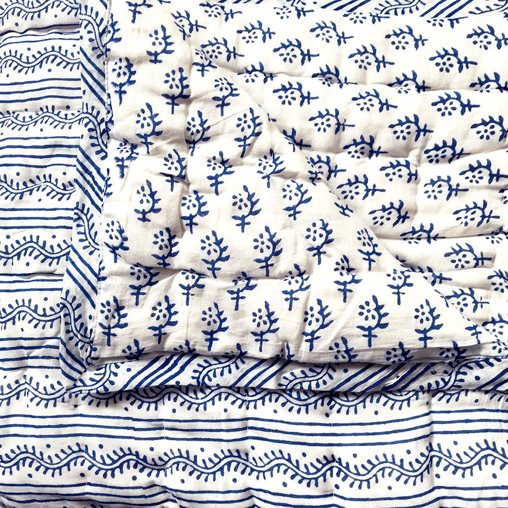 Tilonia® Queen Quilt - Centipede Stripe &amp; Sprig in Blue from Sprout Enterprise®