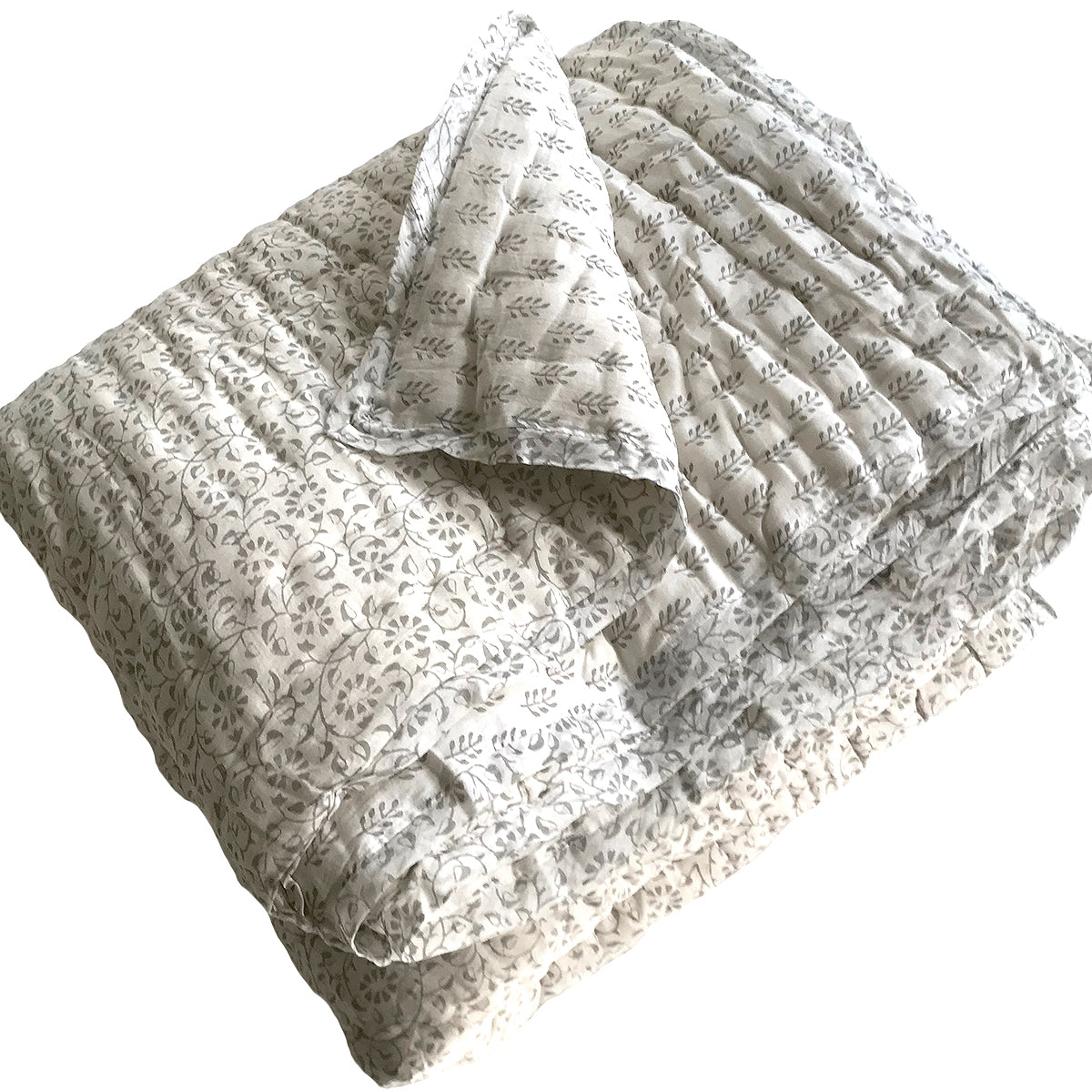 Tilonia® Queen Quilt - Hanuman Floral Vine &amp; Sprig in Dove Grey