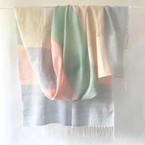 Kala Swaraj Mulmul Cotton Shawl - Green, Pink and Blue Bands