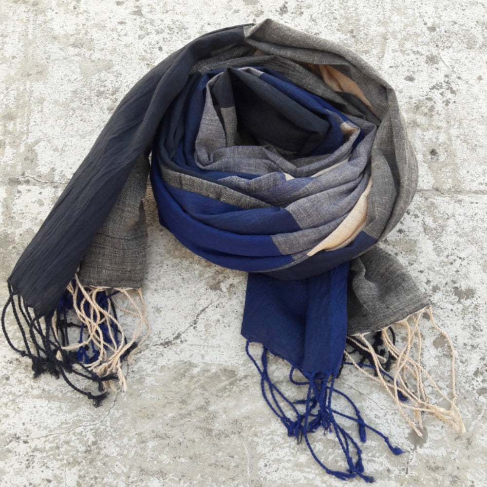 Kala Swaraj Mulmul Cotton Shawl - Black &amp; Blue Warp Stripes from Sprout Enterprise®