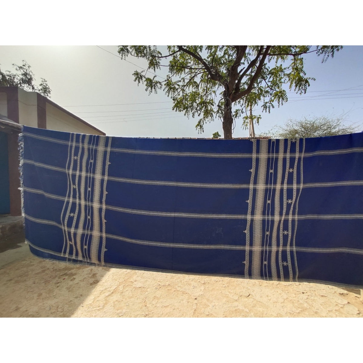 Handwoven Kutchi Bedspread in Blue with Extra Weft Motif