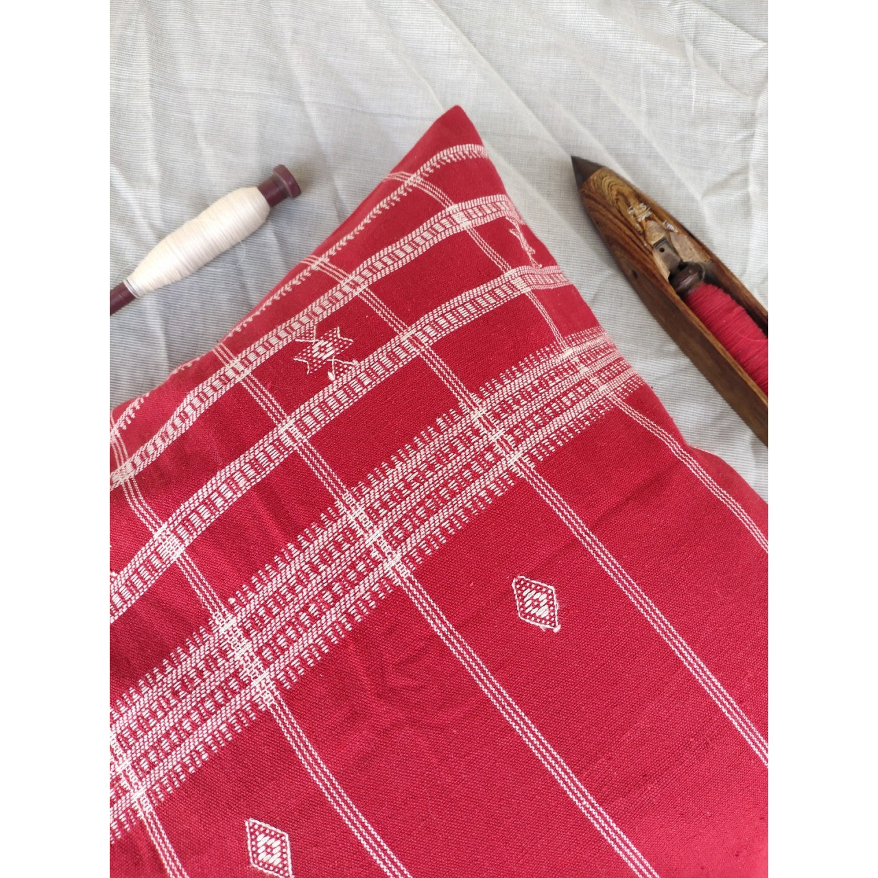 Handwoven Kutchi Decorative Pillow Cover in Red with Extra Weft Motif
