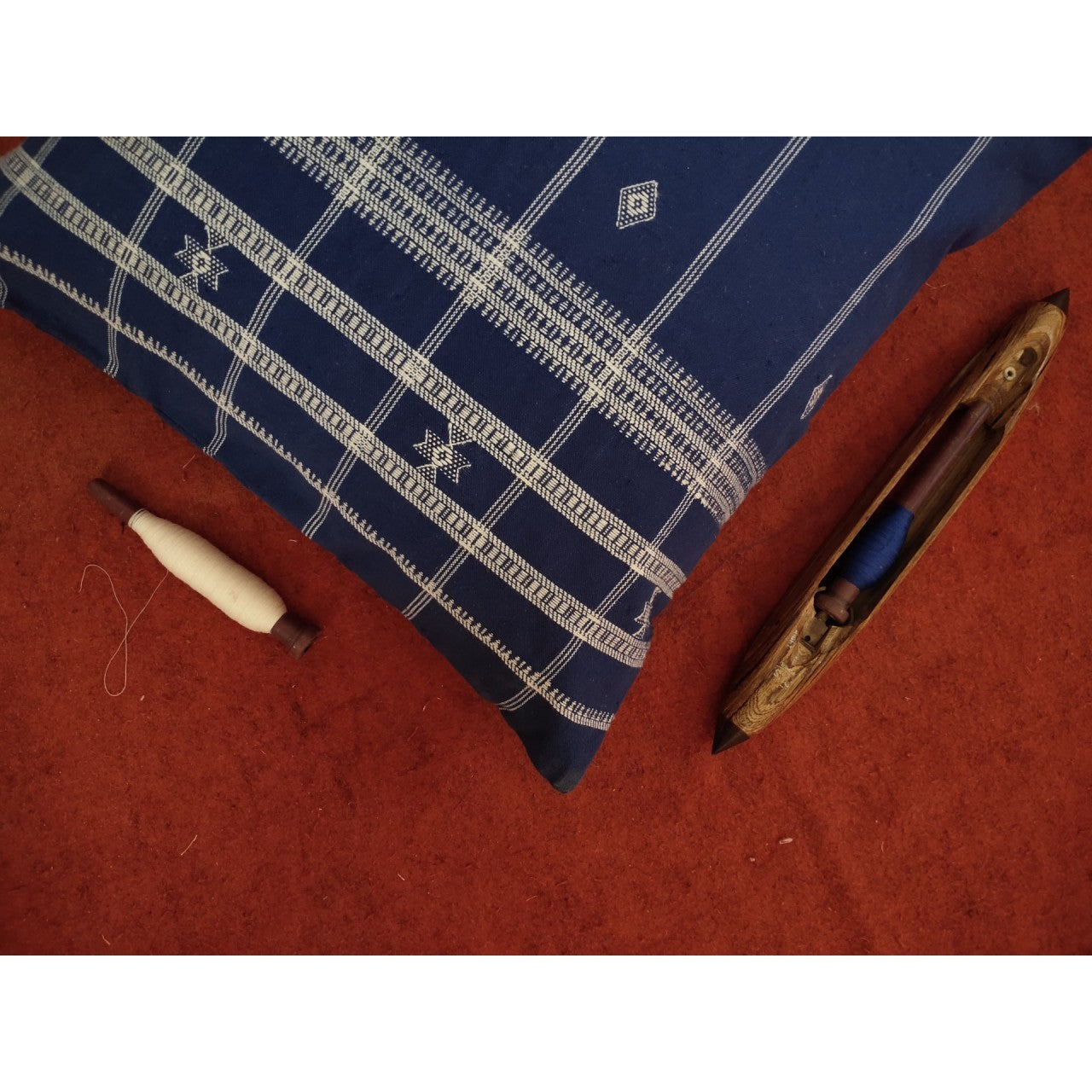 Handwoven Kutchi Decorative Pillow Cover in Blue with Extra Weft Motif