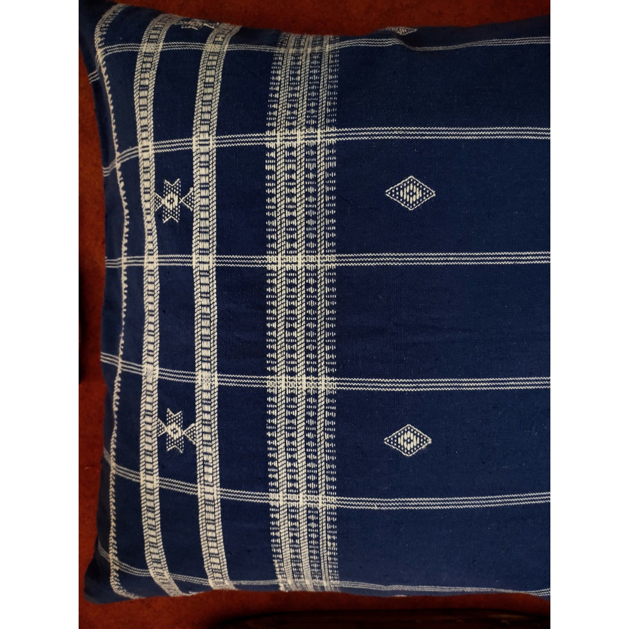 Handwoven Kutchi Decorative Pillow Cover in Blue with Extra Weft Motif