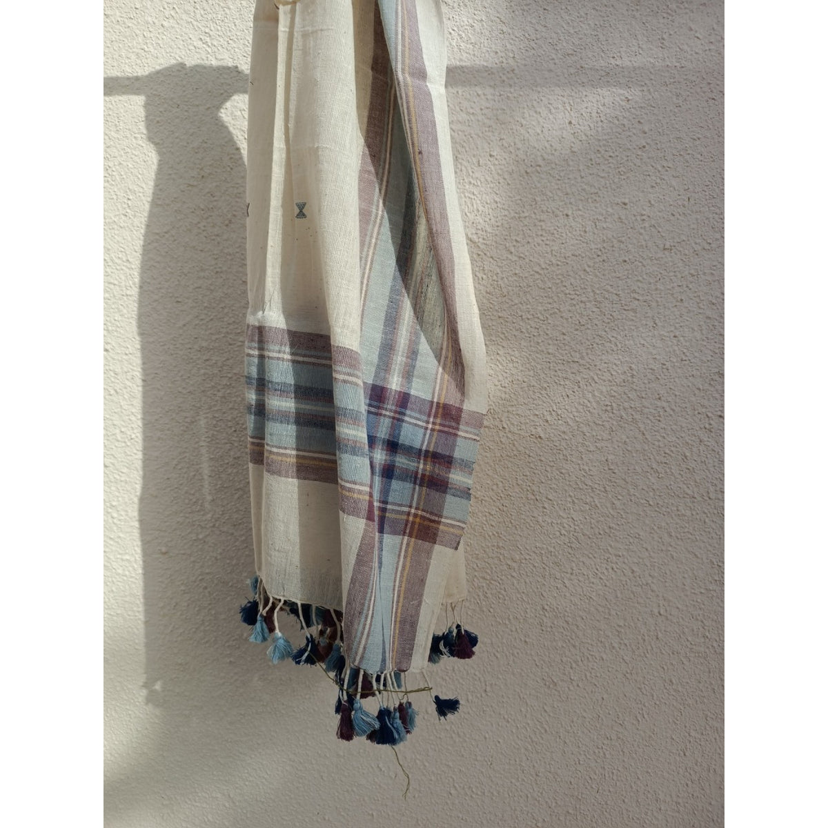 Handwoven Kutchy Shawl in Blue &amp; Red with Extra Weft Motif &amp; Pompoms