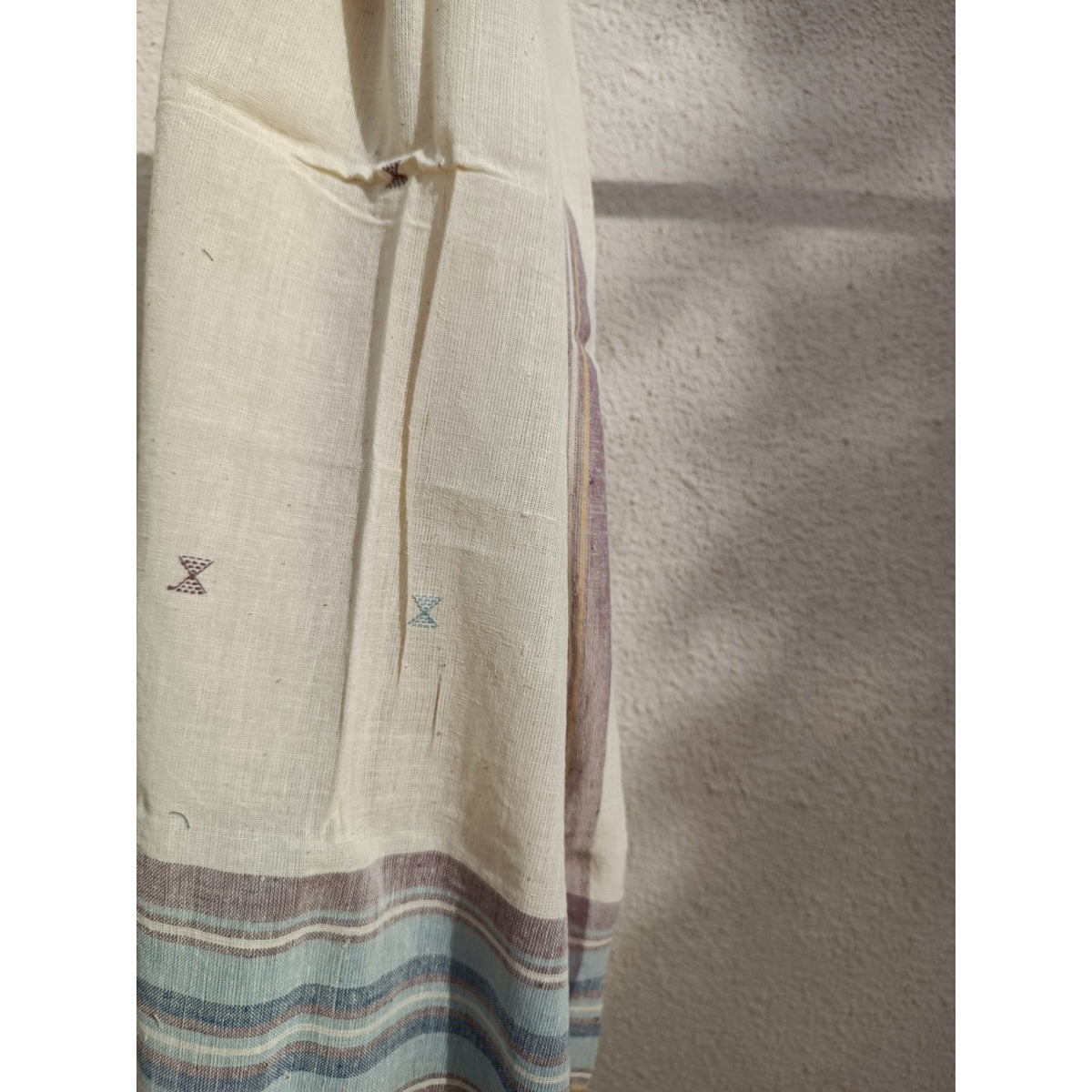 Handwoven Kutchy Shawl in Blue &amp; Red with Extra Weft Motif &amp; Pompoms