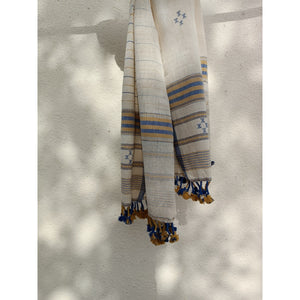 Handwoven Kutchy Dupatta with Blue & Yellow Motif & Pompoms