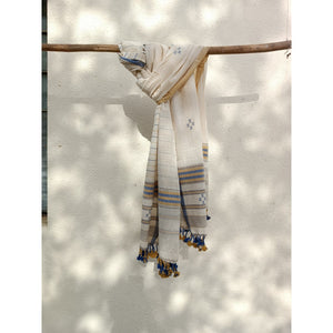Handwoven Kutchy Dupatta with Blue & Yellow Motif & Pompoms