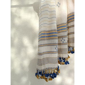 Handwoven Kutchy Dupatta with Blue & Yellow Motif & Pompoms