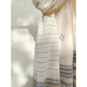 Handwoven Kutchy Dupatta with Blue & Yellow Motif & Pompoms