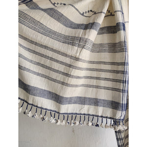 Handwoven Kutchy Shawl in Blue & White with Extra Weft Motif & Pompoms
