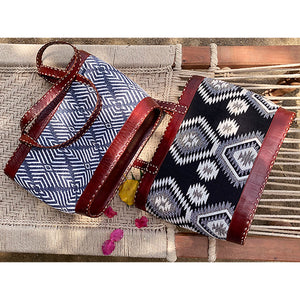 Tilonia® Leather Tote Bag with Black & White Tribal Fabric