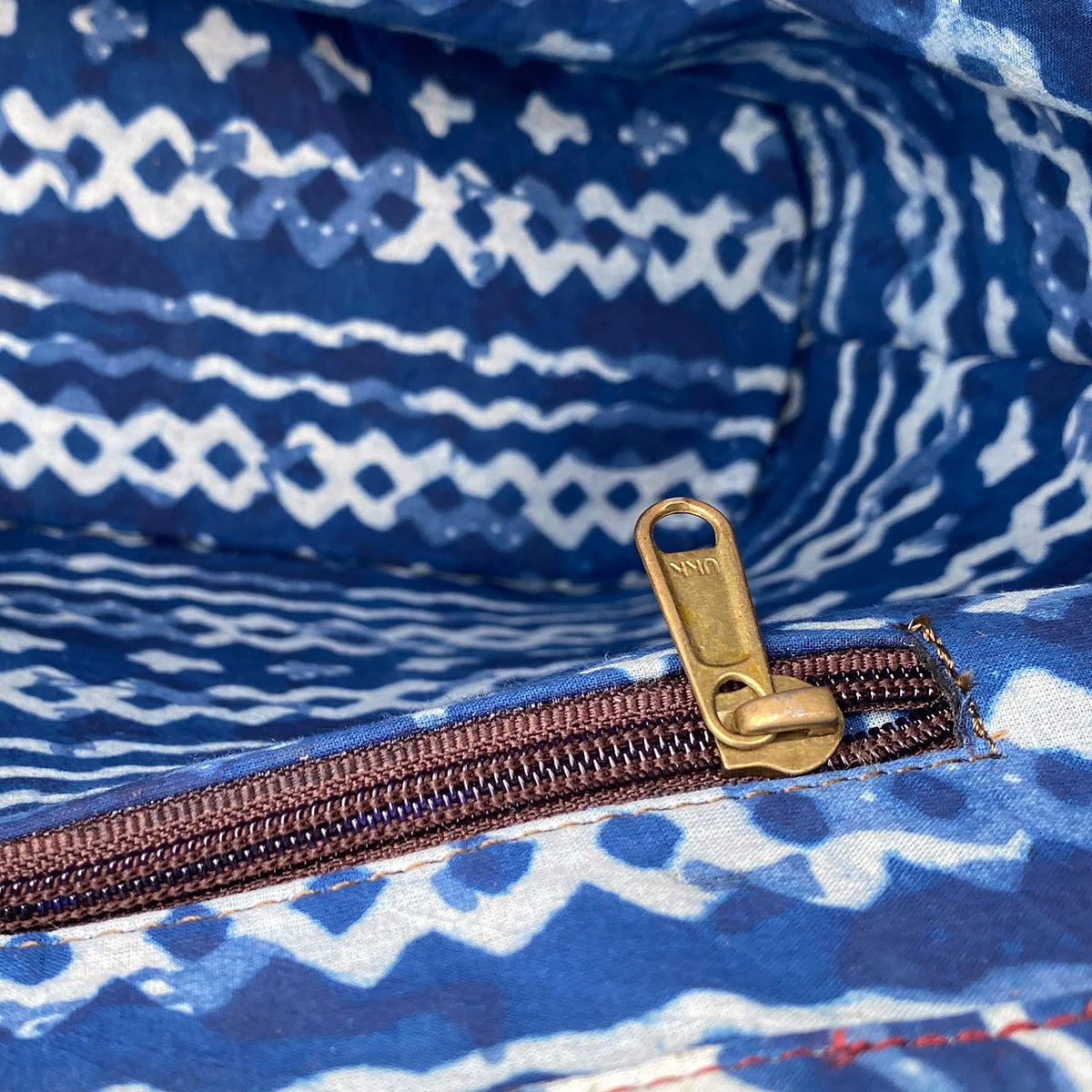 Tilonia® Leather Tote Bag with Blue &amp; White Diamond Fabric