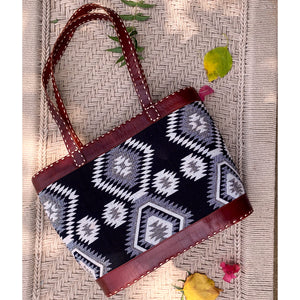 Tilonia® Leather Tote Bag with Black & White Tribal Fabric