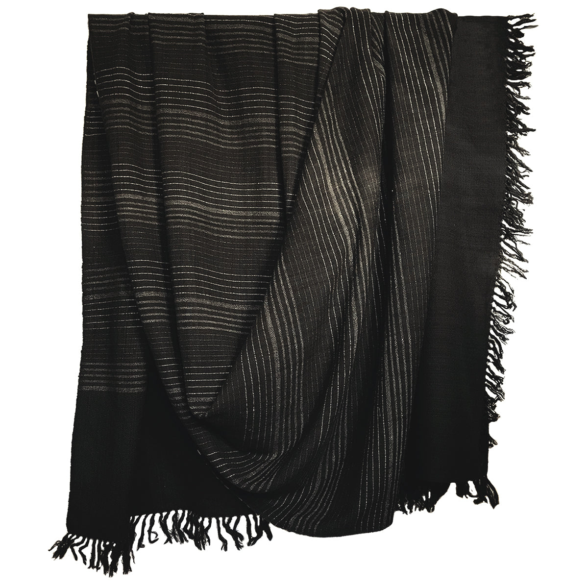 WomenWeave Handwoven Merino Wool &amp; Khadi Cotton Shawl - Charcoal Stripes